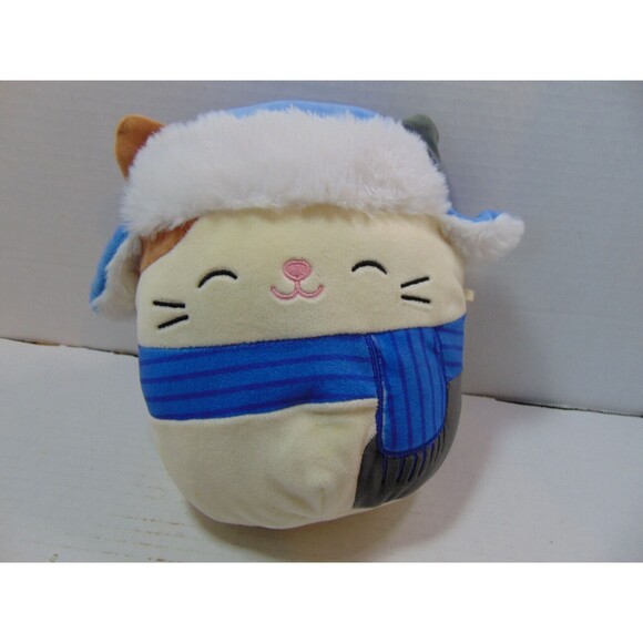 Squishmallow 8" Cam Calico Cat Blue Trapper Hat Scarf Feline Plush - Picture 2 of 10